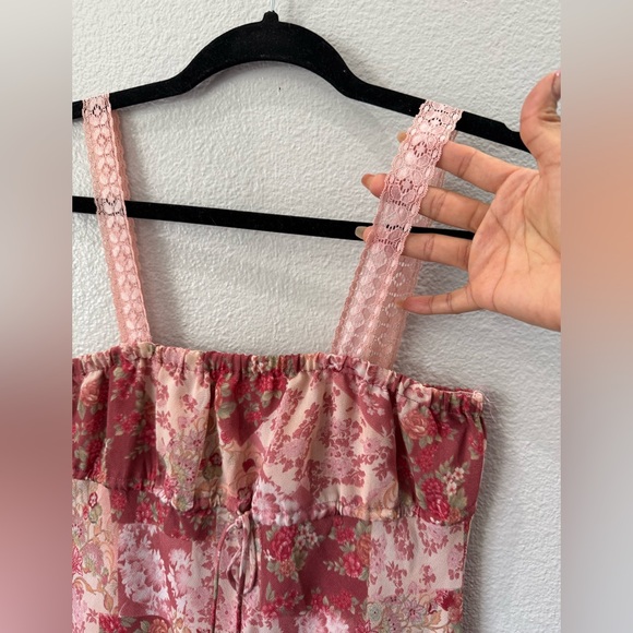 Vintage ARAMA Pink Floral Patchwork Slip Dress Lace Strap Cottagecore A-Line - Picture 3 of 12